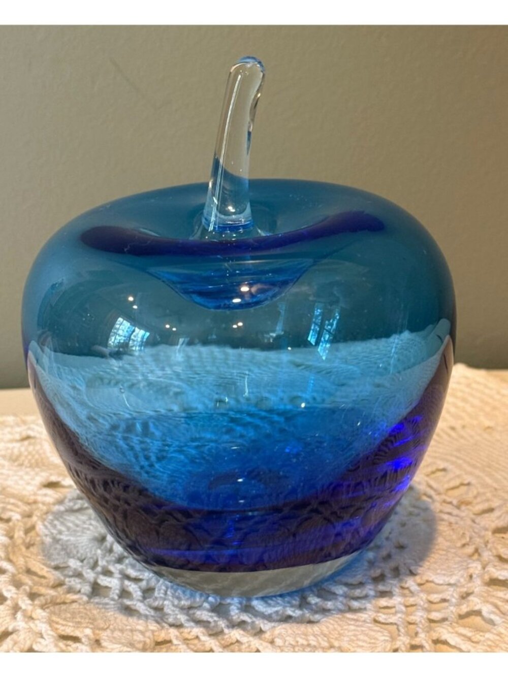 Vintage Blenko Blue Art Glass Apple Paperweight Hand Blown Glass Fruit Sculpture